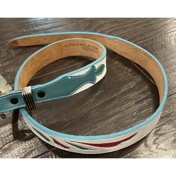 RARE Nacona Leather Belt Size 36 G412 Turquoise Blue Burgundy Atzec Western - Picture 2 of 10